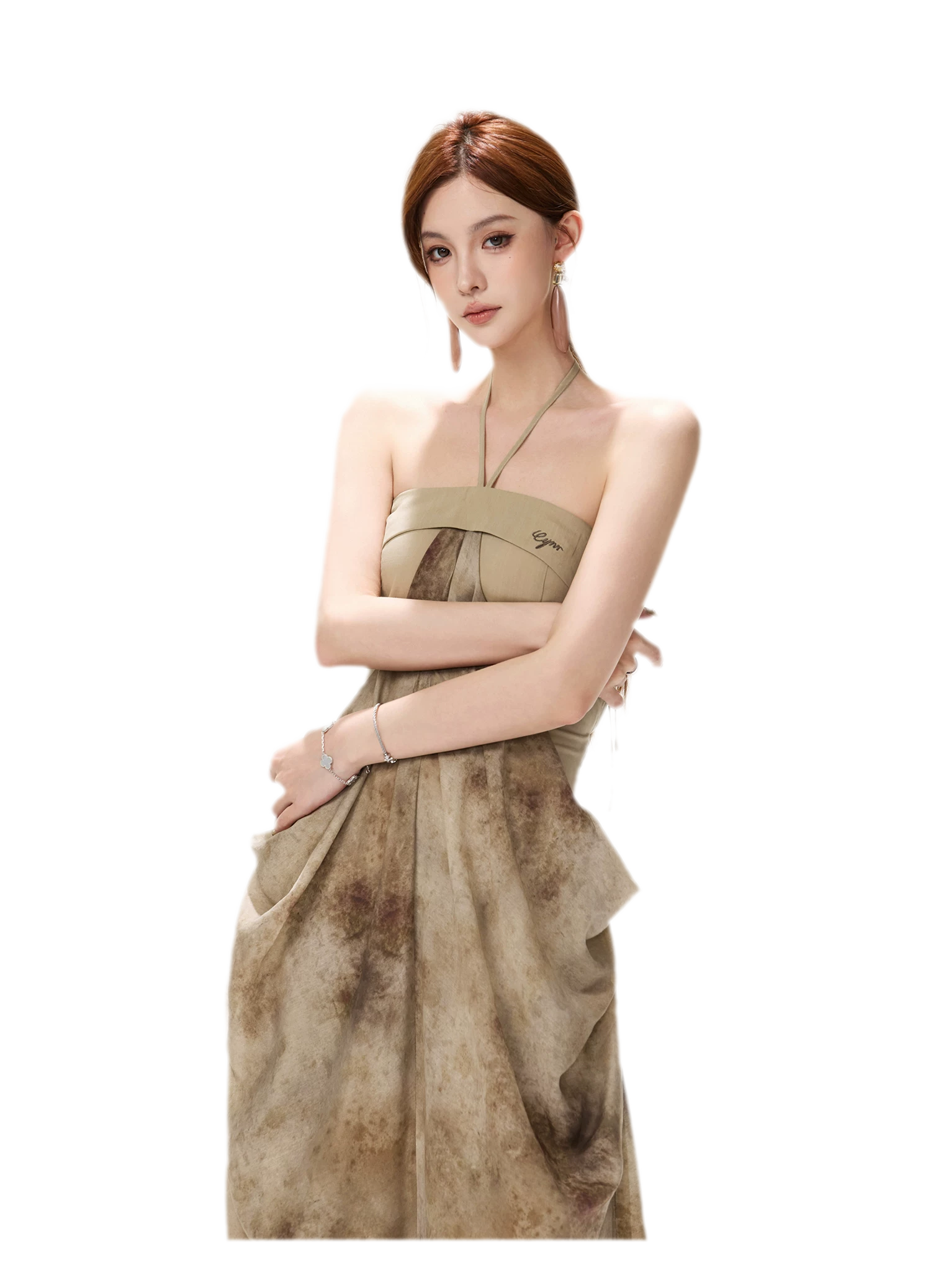 Ink-Wash Pleated Halter Dress