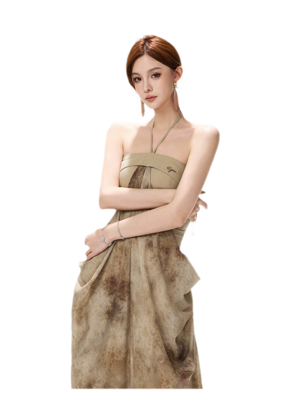 Ink-Wash Pleated Halter Dress
