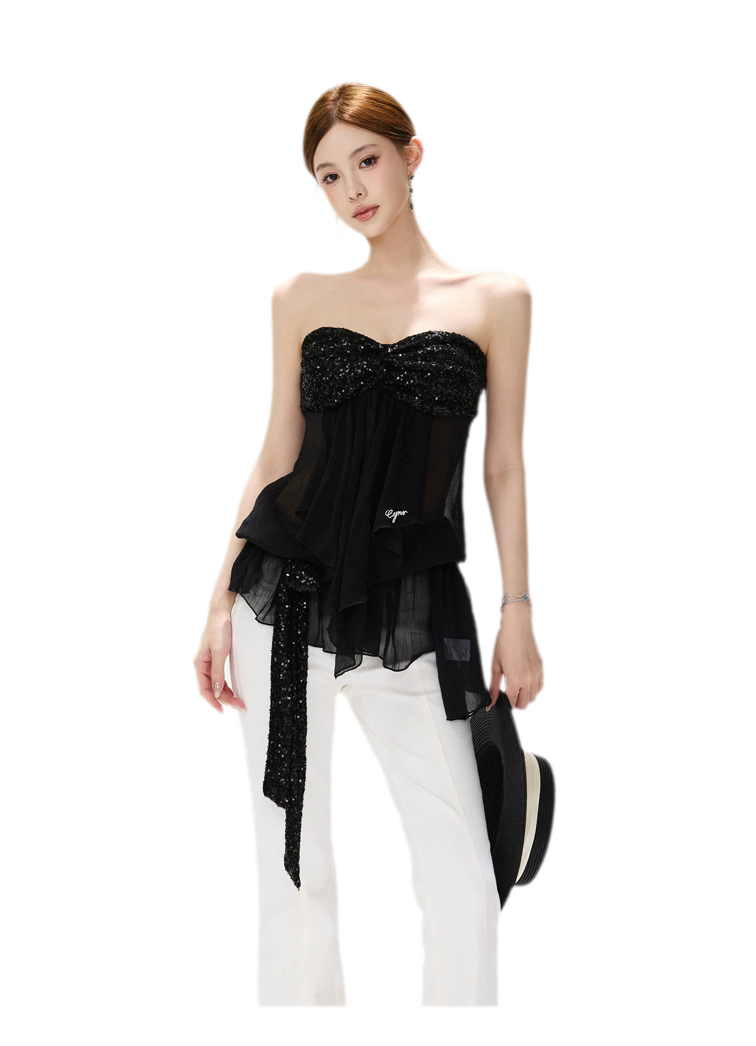Sequin Pleated Bustier Top