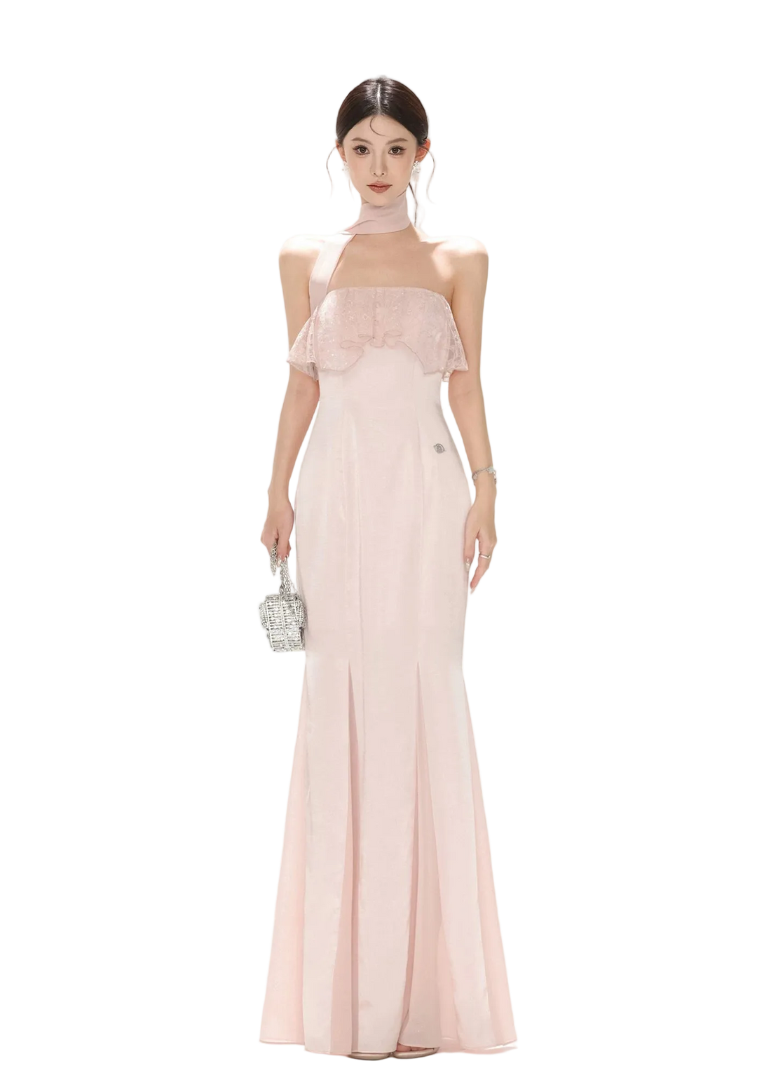Strapless Lace Ruffle Fishtail Long Dress in Champagne