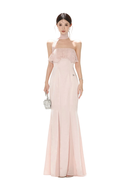 Strapless Lace Ruffle Fishtail Long Dress in Champagne