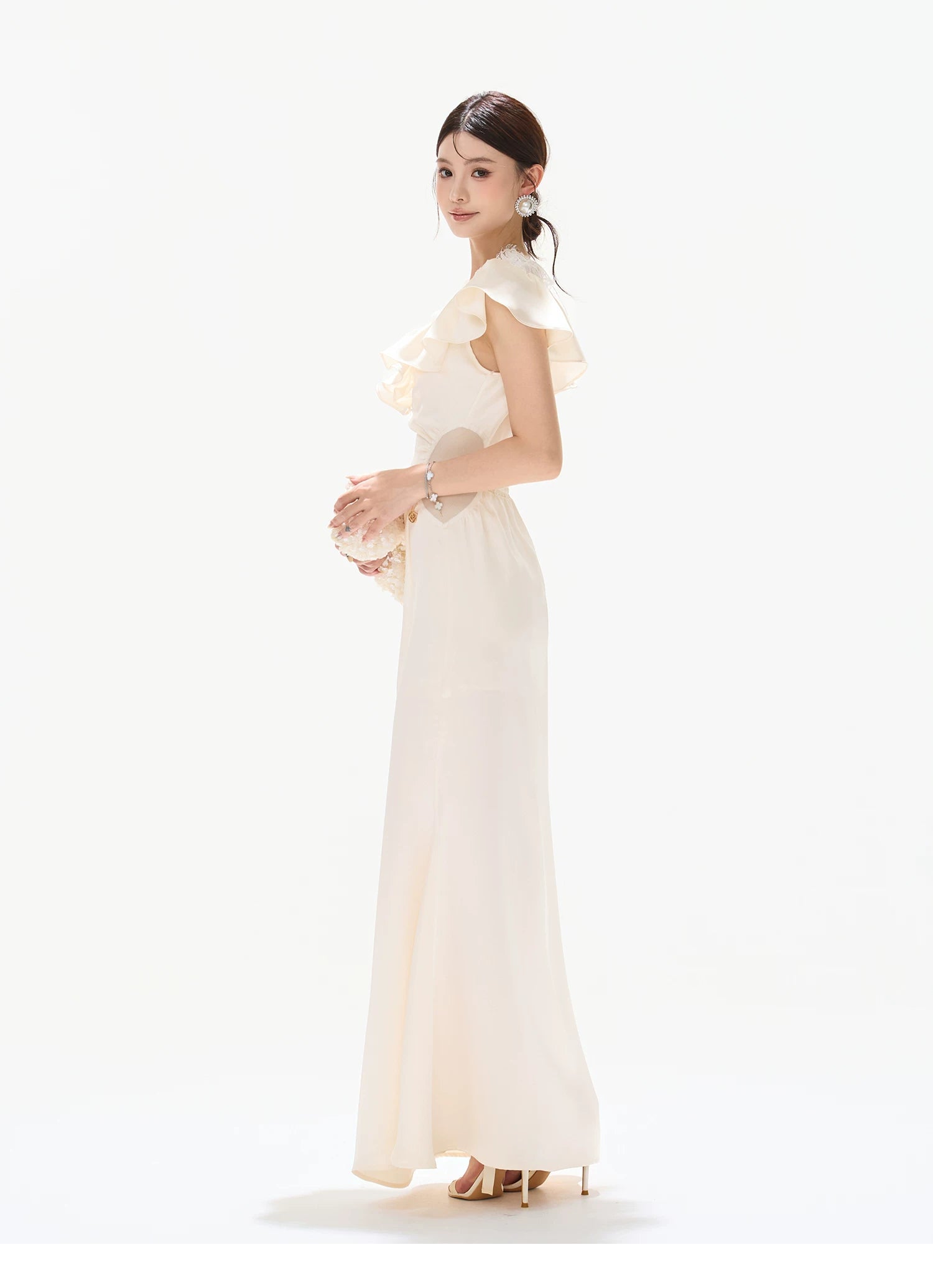 Vintage Ruffled Lace Waist-Cut Long Dress