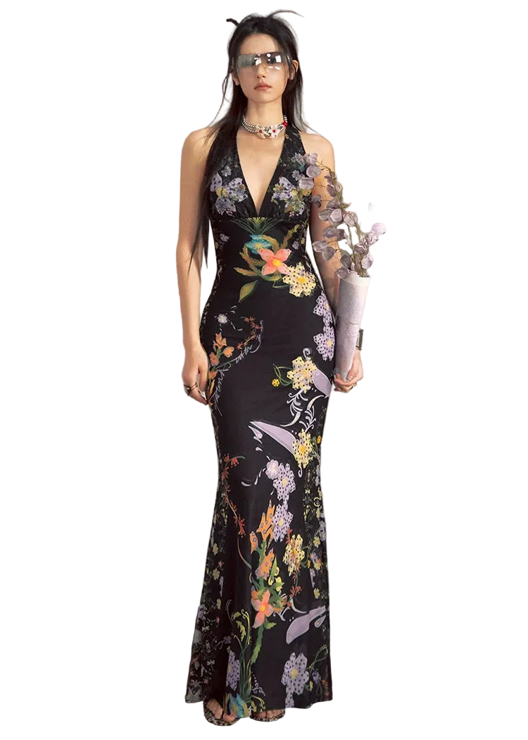Romantic Floral Halter Long Dress