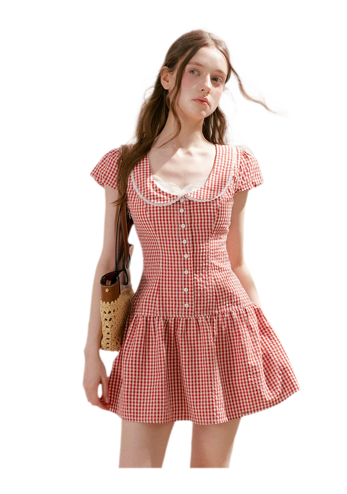 Tencel Cotton Lace Vintage Plaid Short Sleeve Dress