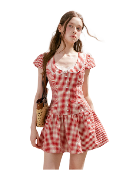 Tencel Cotton Lace Vintage Plaid Short Sleeve Dress
