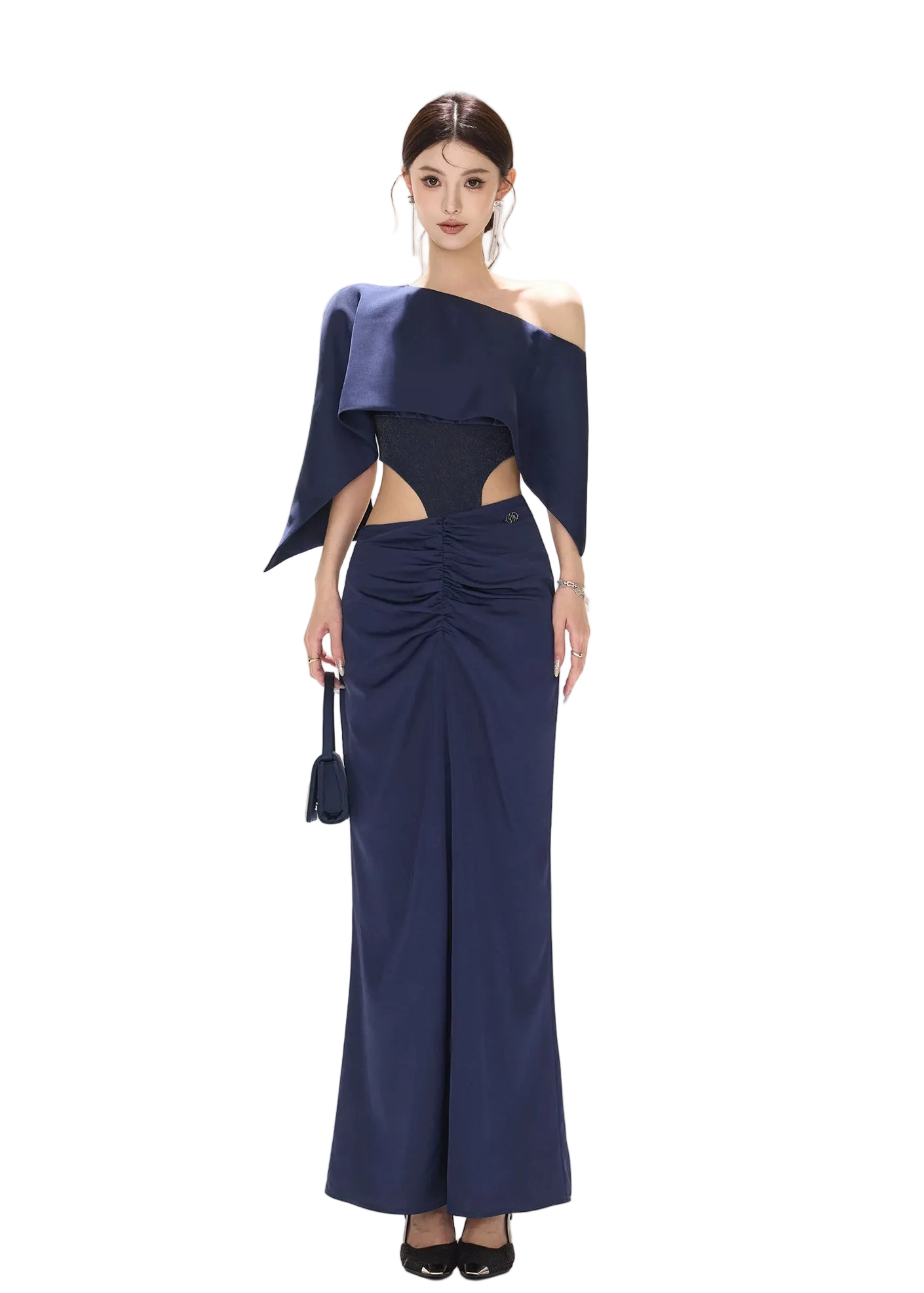 Night Banquet Muse Indigo Asymmetric Off-Shoulder Long Dress