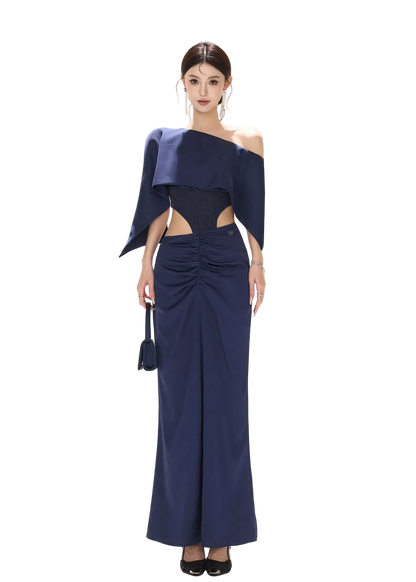 Night Banquet Muse Indigo Asymmetric Off-Shoulder Long Dress