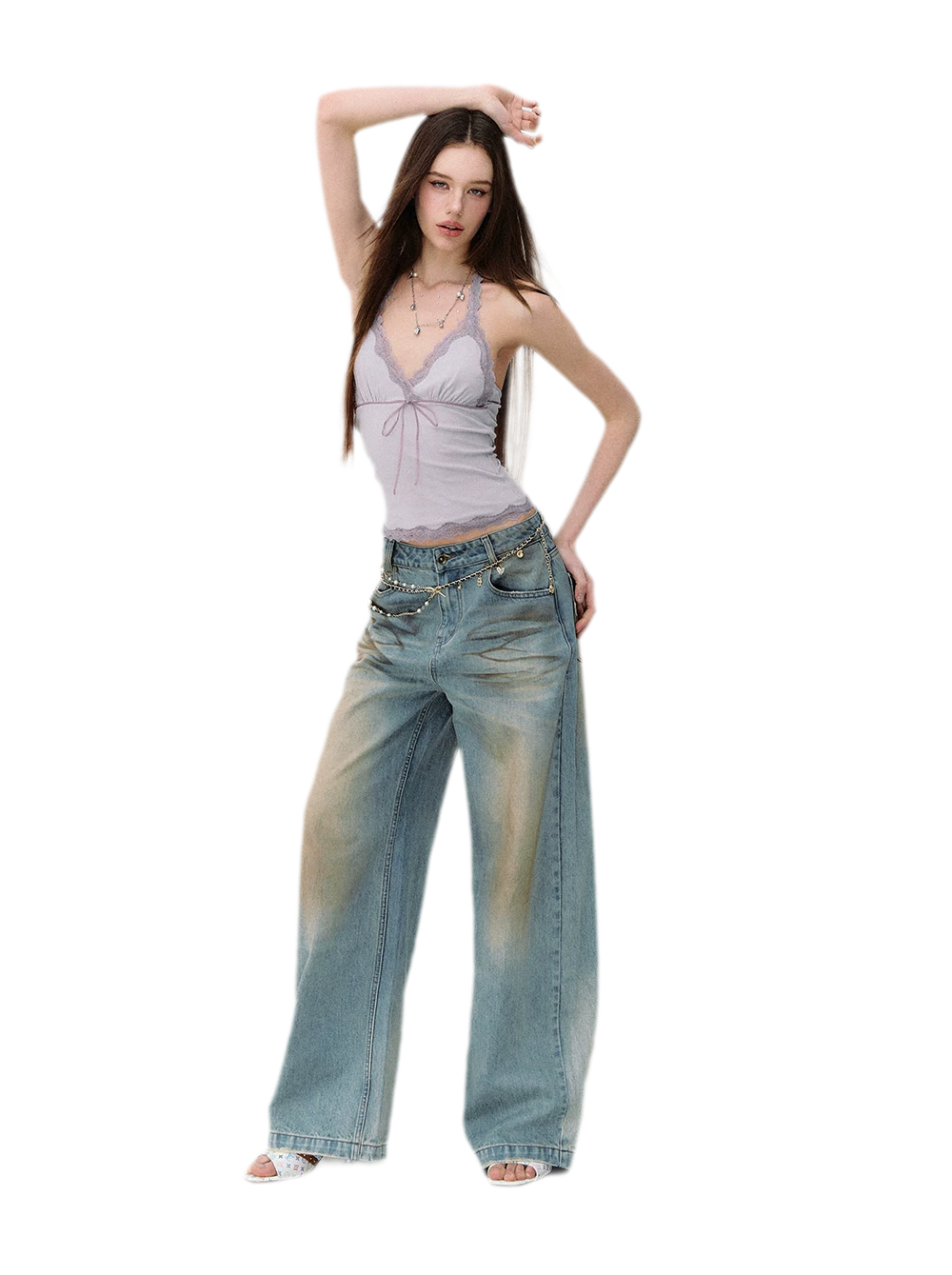 Denim Halter Top and Wide-Leg Jeans Set