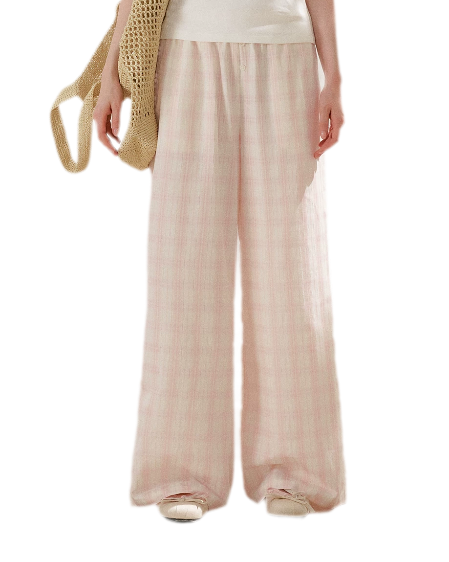 Linen Checkered High-Waist Wide-Leg Pants
