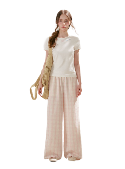 Linen Checkered High-Waist Wide-Leg Pants