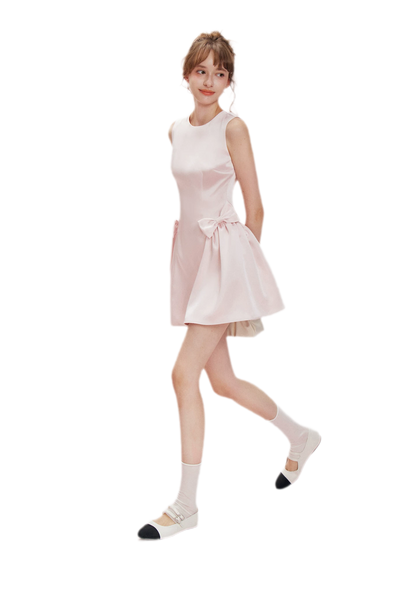 Pearlescent Satin Waist-Tie Dress