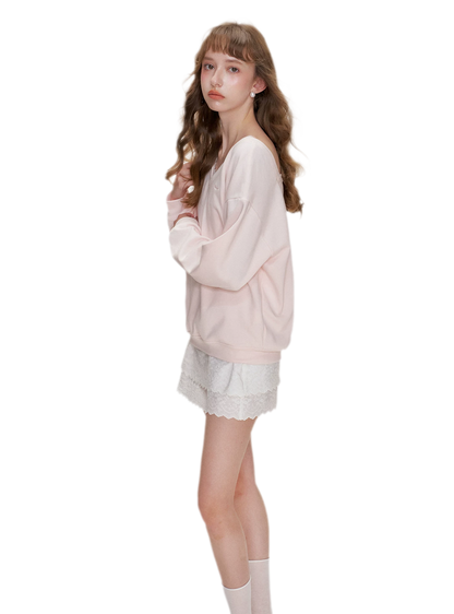 Lace Trim Back Cutout Pullover