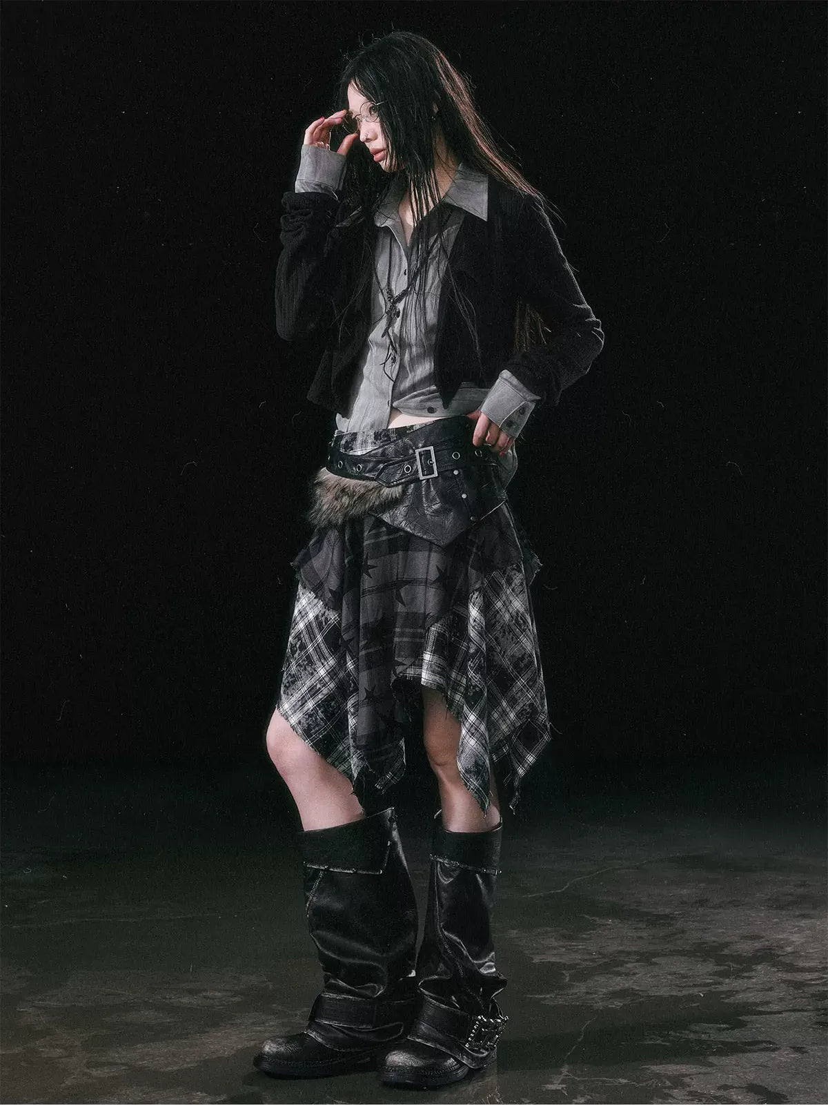 Star Plaid Raw-Edge Skirt