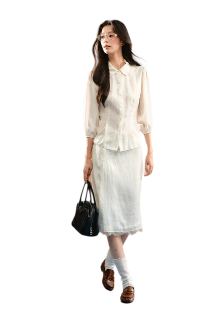 Linen Bubble Sleeve Top Skirt