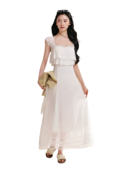 Lace Ruffle Waist Long Dress
