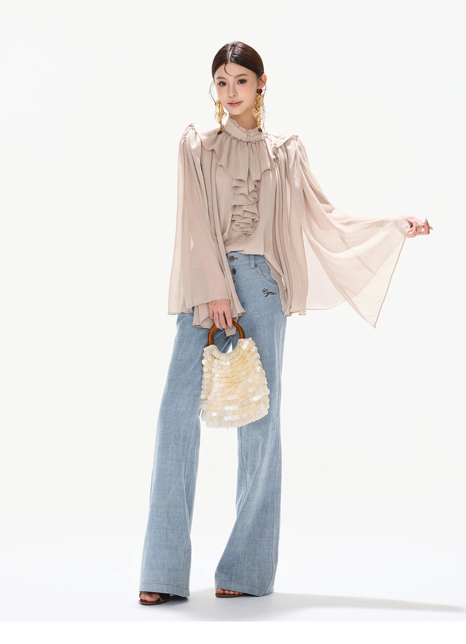 90s Vintage Washed Metal Button Wide-Leg Denim Pants