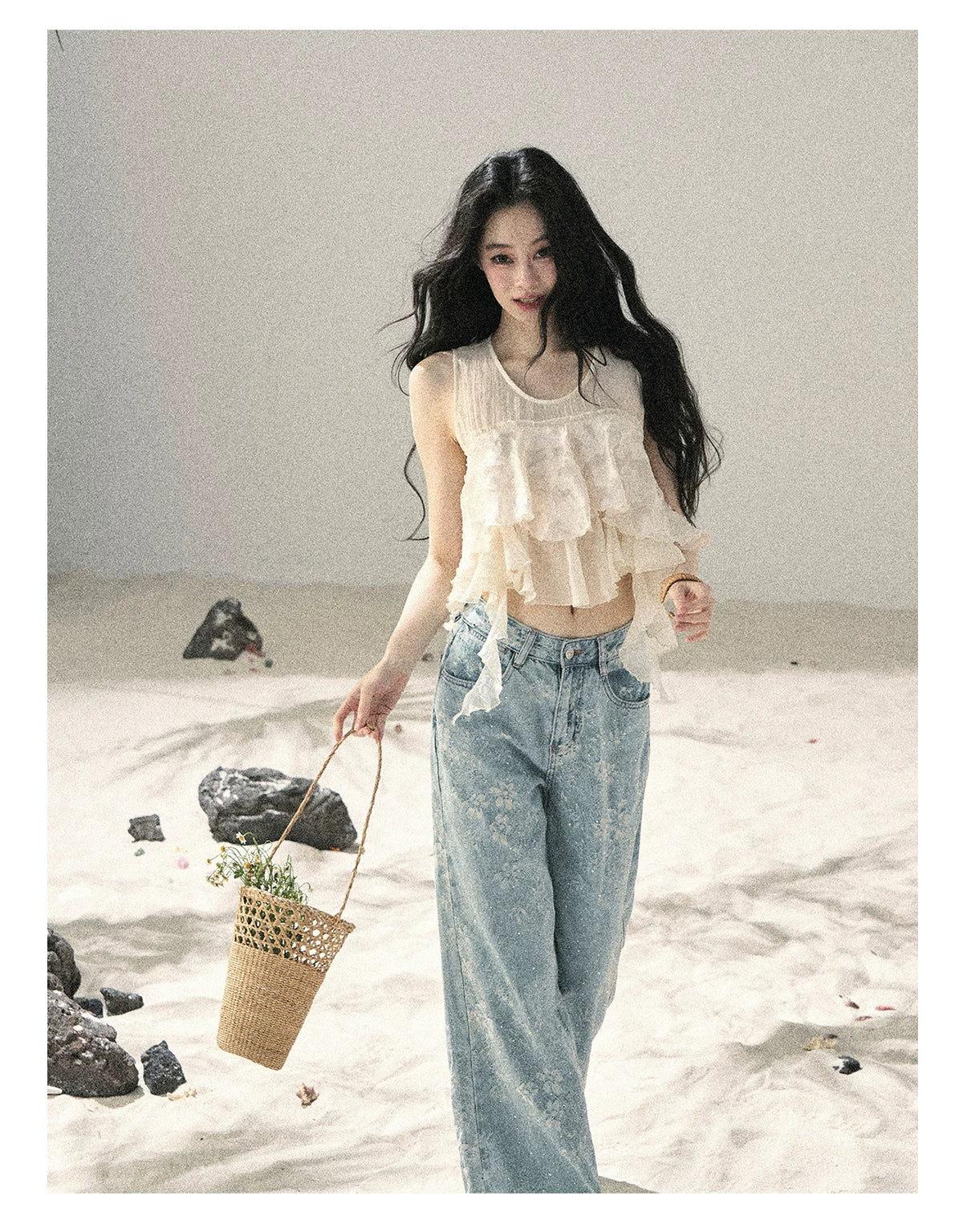 American Style Rhinestone Floral Denim Pants