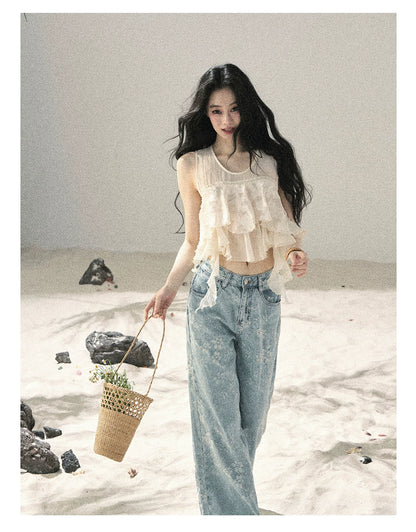 American Style Rhinestone Floral Denim Pants