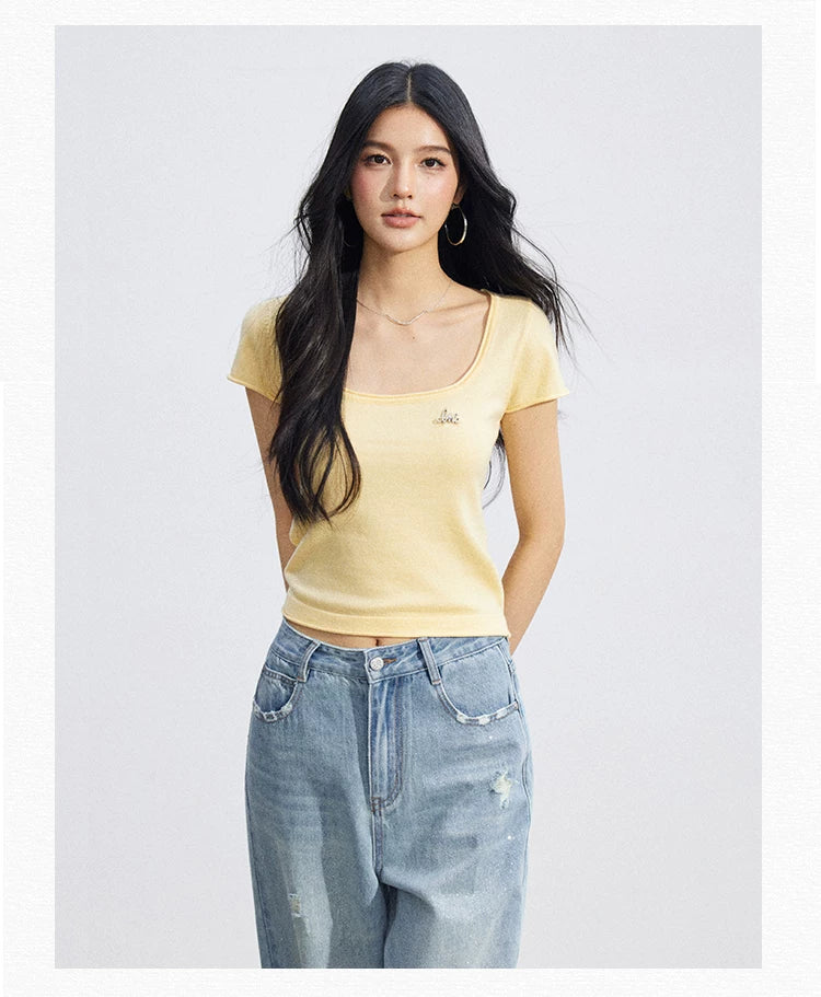 Candy Color U-Neck Short Sleeve T-Shirt