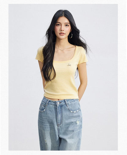 Candy Color U-Neck Short Sleeve T-Shirt