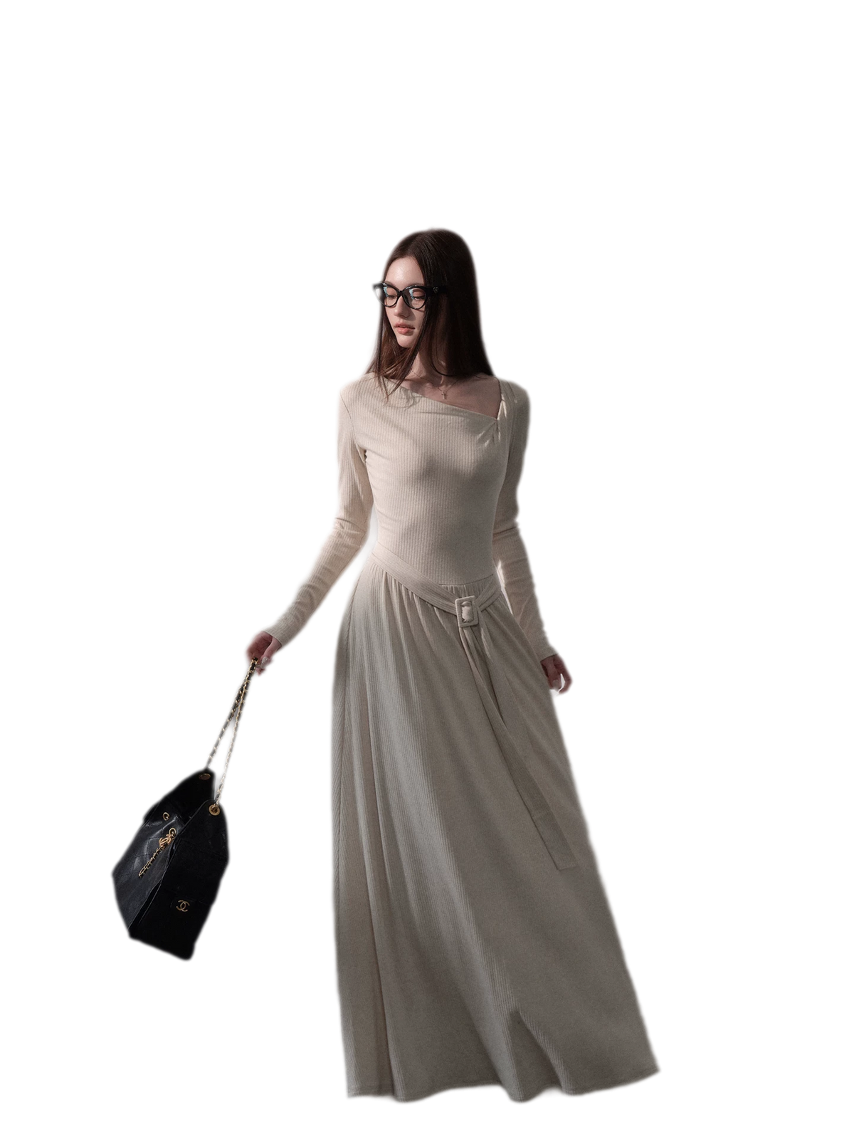 Robe longue côtelée à ruban