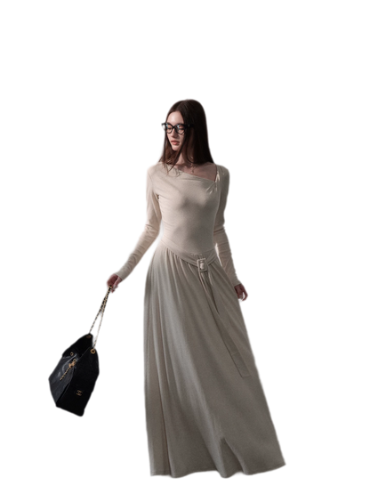 Robe longue côtelée à ruban
