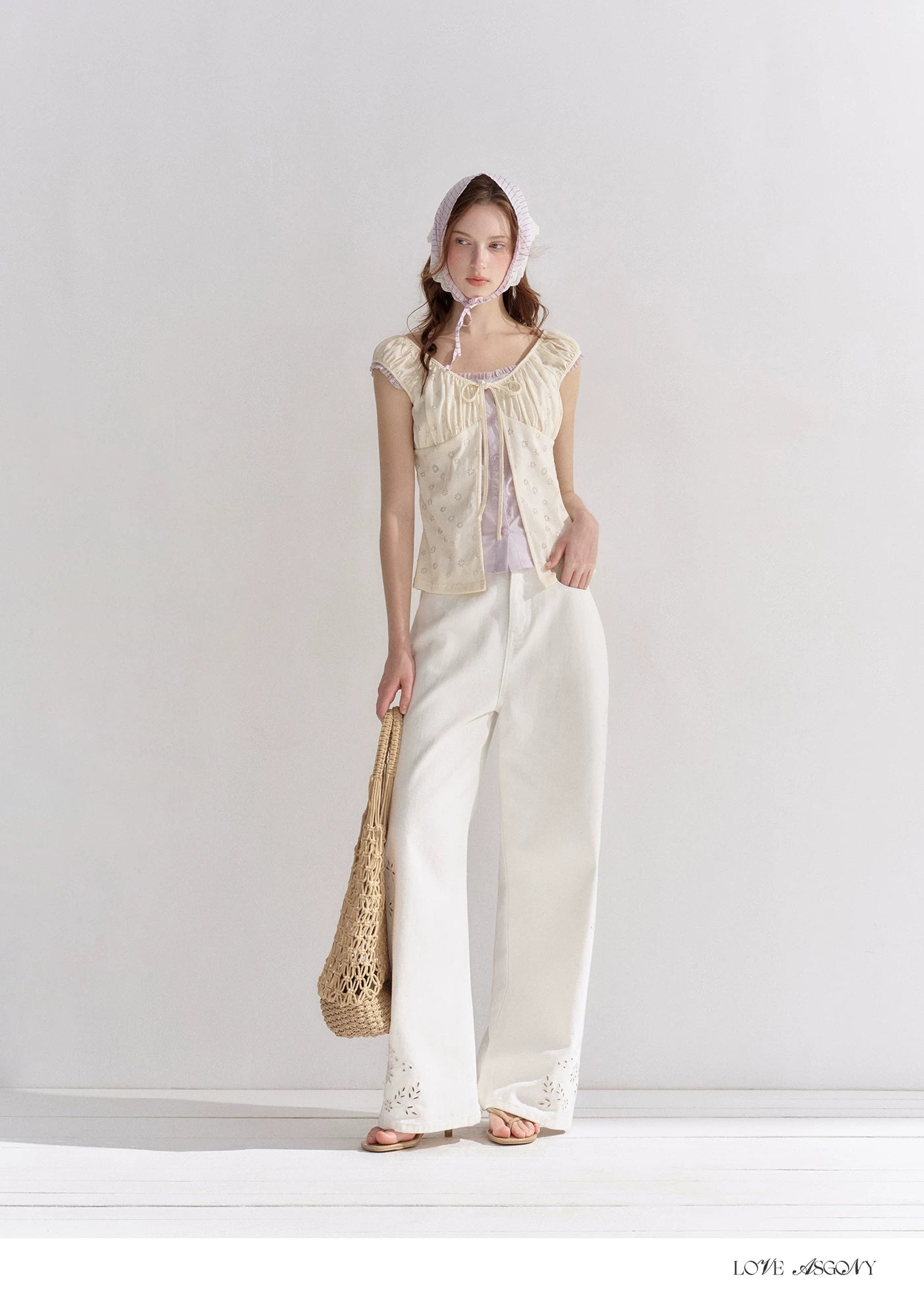 Two-Layer Floral Cutout Contrast Tie-Front Blouse