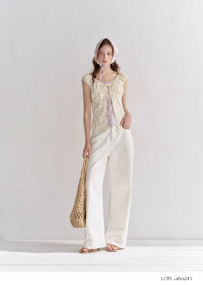 Two-Layer Floral Cutout Contrast Tie-Front Blouse