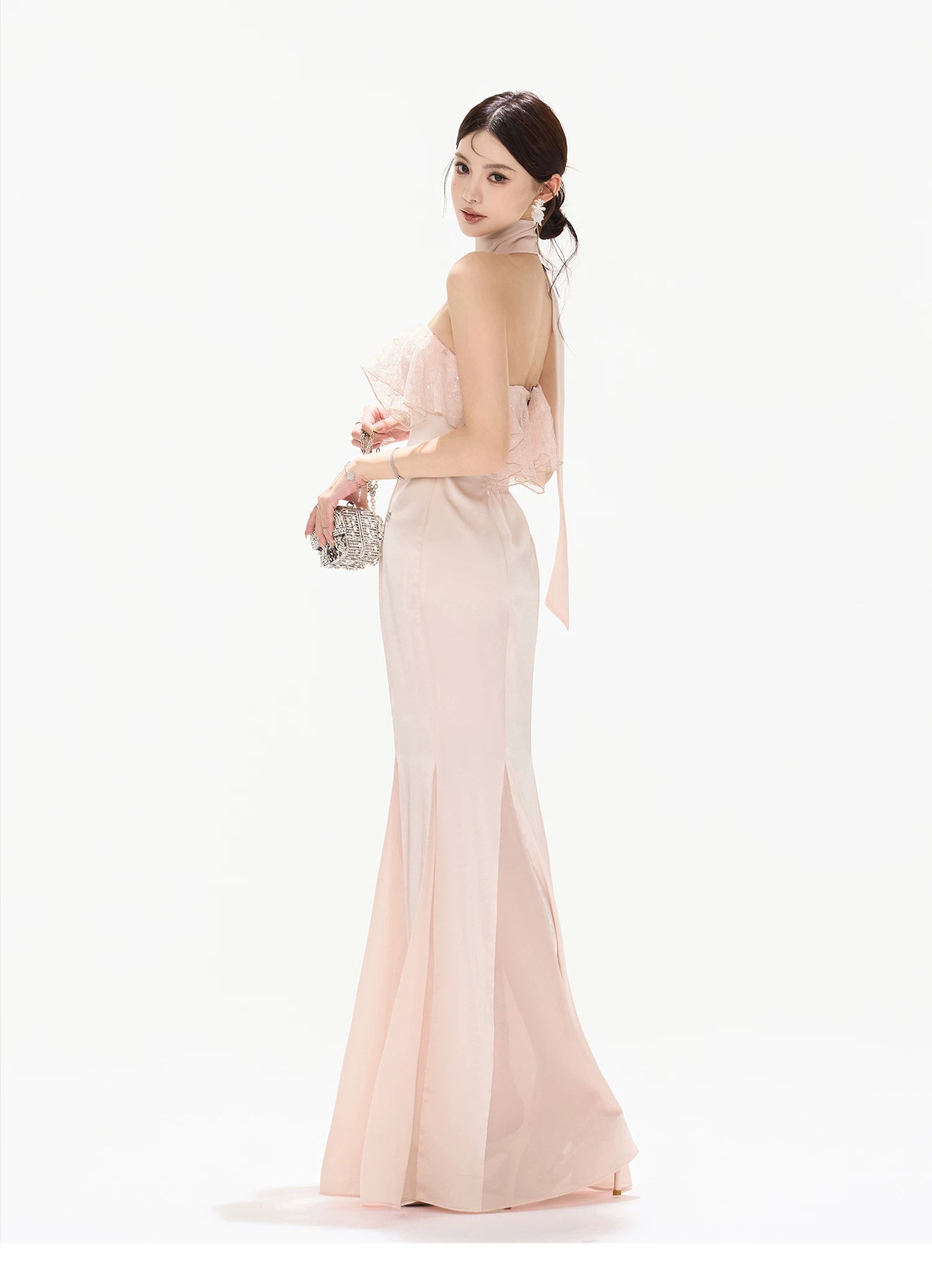 Champagne Pink Lace Fishtail Strapless Long Dress Champagne Pink / L