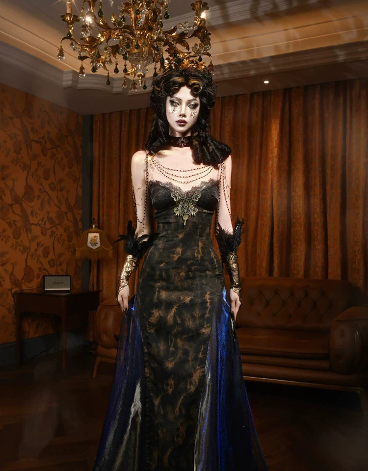 Gold Jacquard A-Line Evening Dress