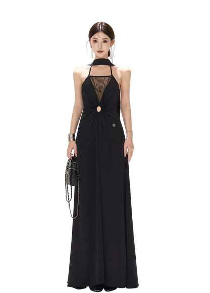 Mesh Lace Deep V Halter Dress with Satin