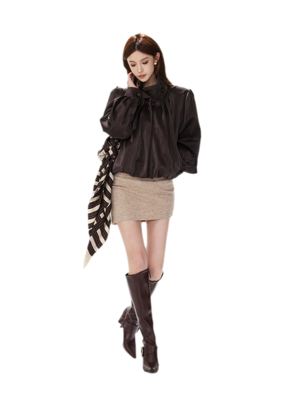 Veste courte froncée en cuir PU
