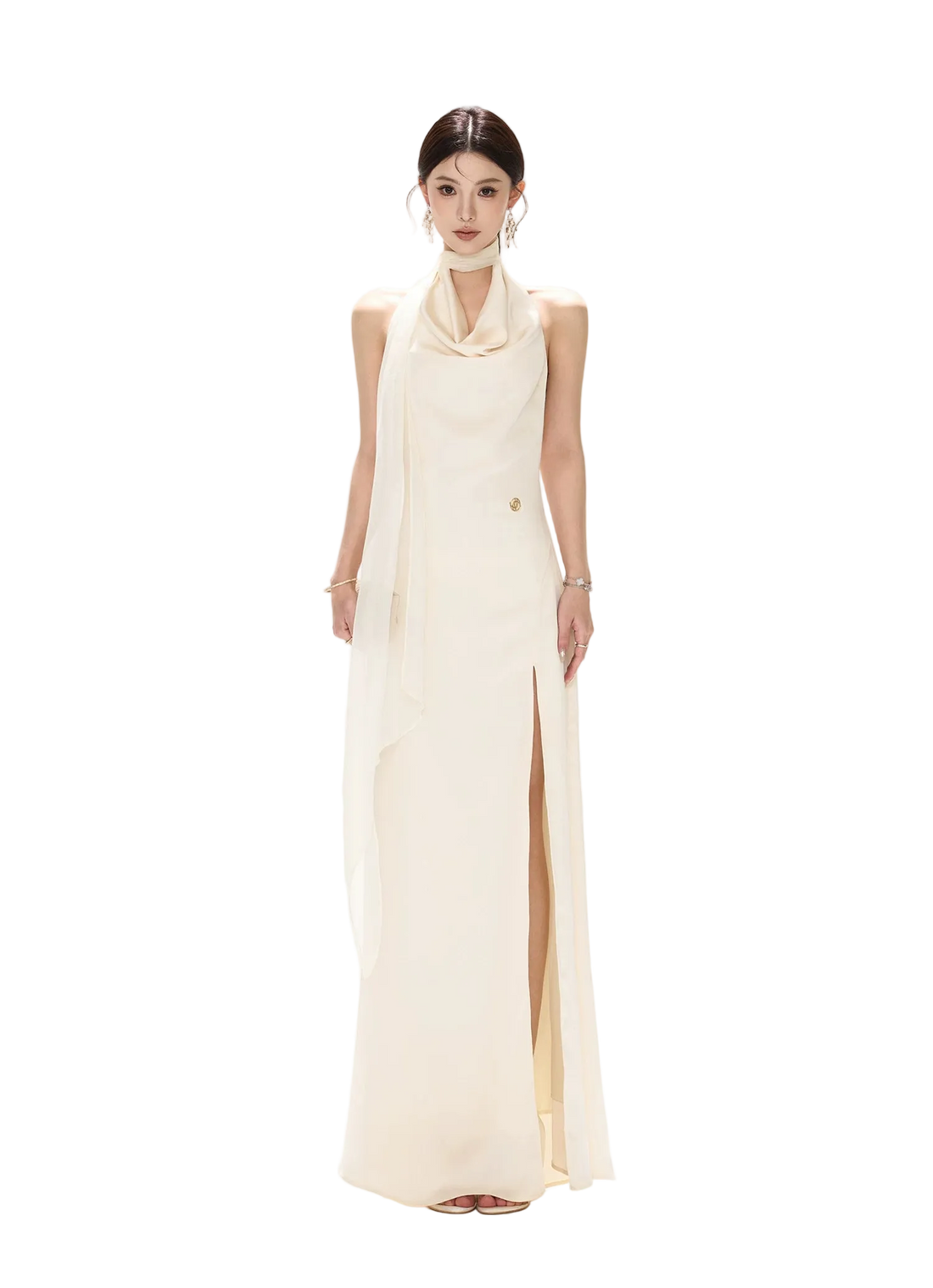 Halterneck Draped Satin Long Dress with Side Slit