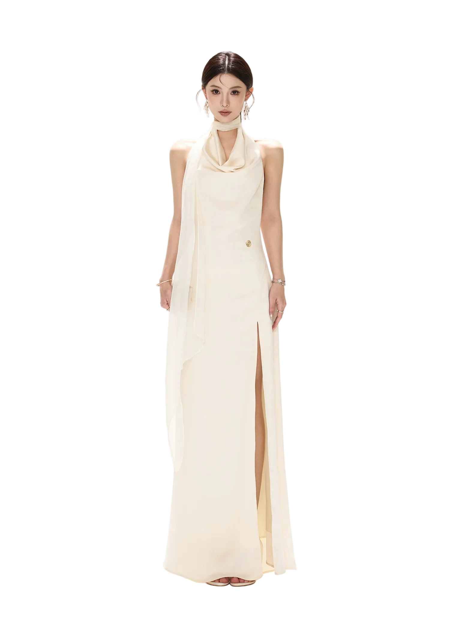 Halterneck Draped Satin Long Dress with Side Slit
