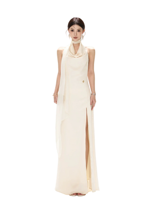 Halterneck Draped Satin Long Dress with Side Slit