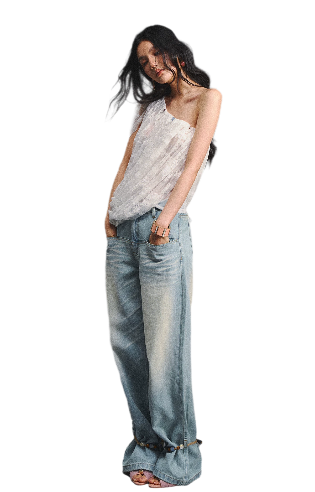 Lace Ruched Asymmetric Top