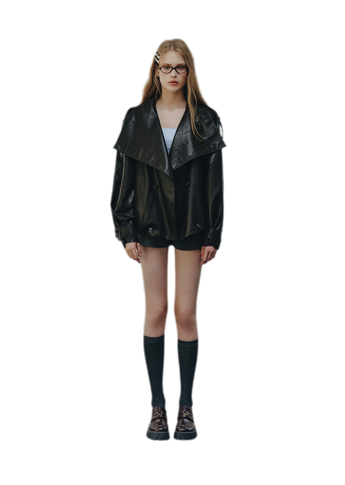 Faux-Leather Oversized Double-Breasted Jacket