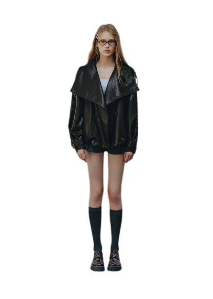 Faux-Leather Oversized Double-Breasted Jacket