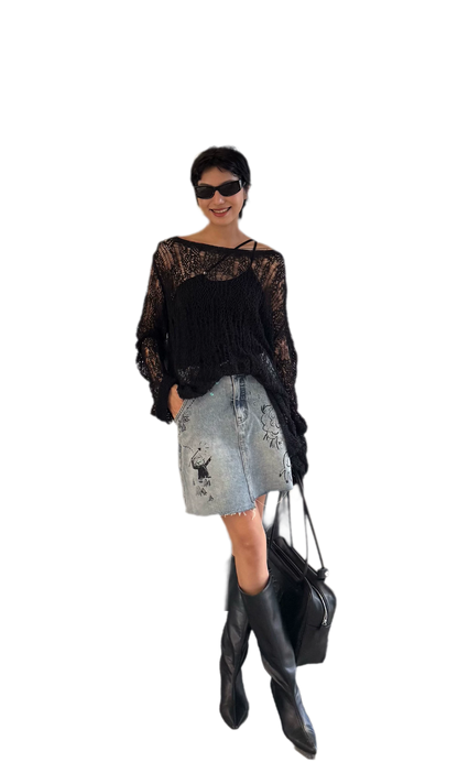 Washed Graffiti A-Line Denim Skirt