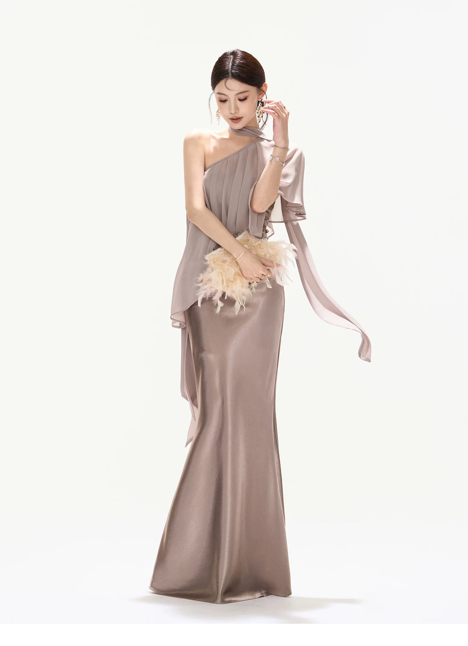 Elegant Asymmetric Chiffon Shawl Top with Built-in Bustier