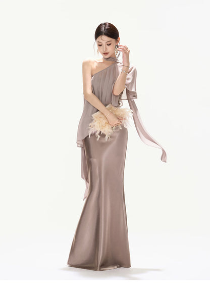 Elegant Asymmetric Chiffon Shawl Top with Built-in Bustier