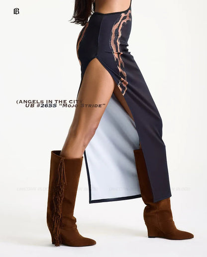 Suede Fringe Wedge Boots