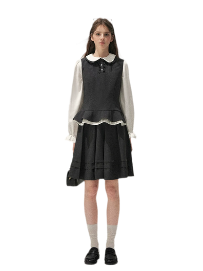 Textured Pleated Vest Skirt Set
