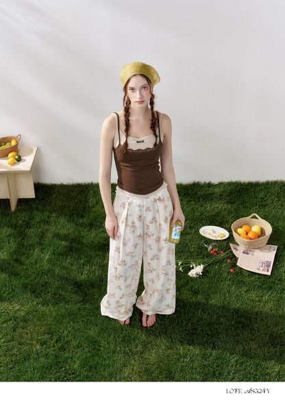 Lightweight Printed Wide-Leg Pants with Lace Waistband