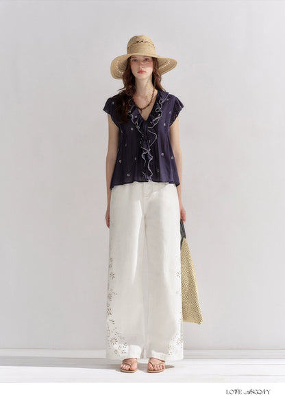 Embroidered Washed Wide-Leg Jeans