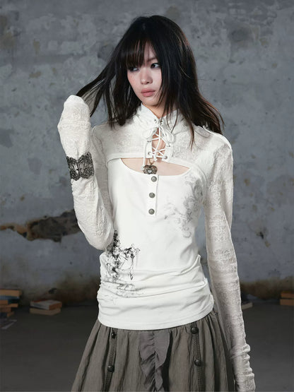 Silver Foil Gothic Lace-Up Top