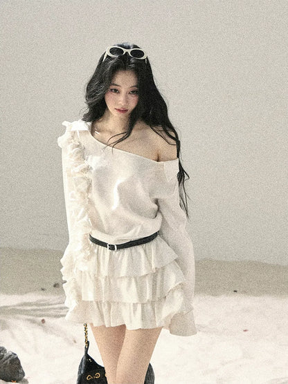Linen Ruffle One-Shoulder Dress