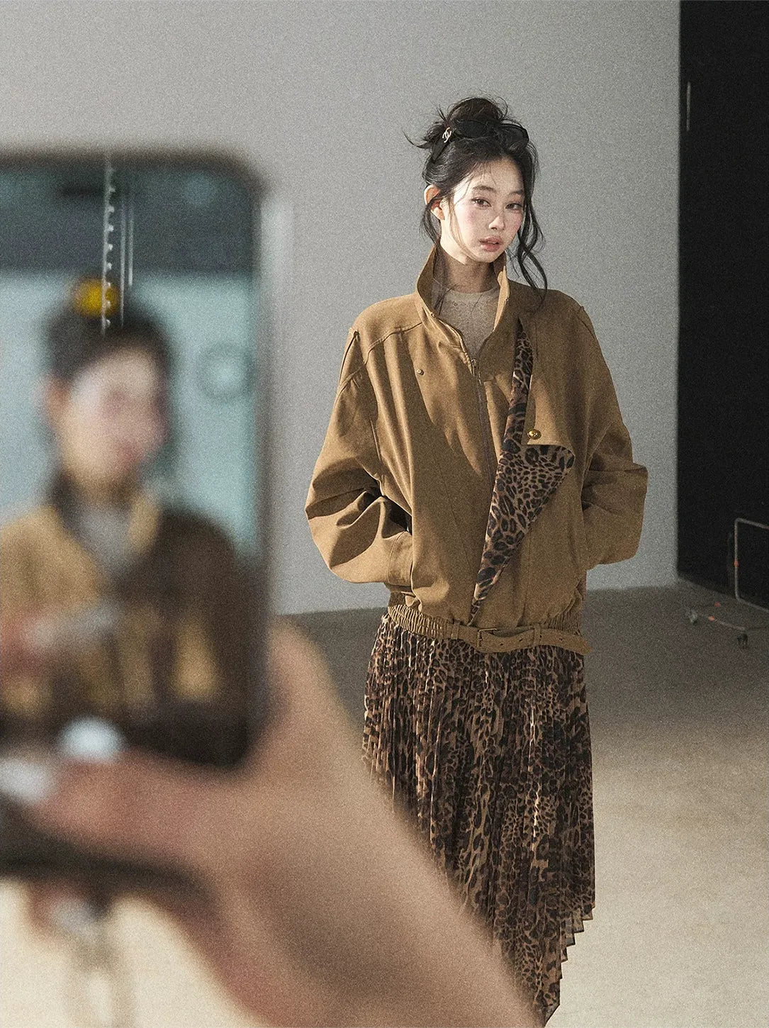 Matte Suede Leopard Bomber Jacket