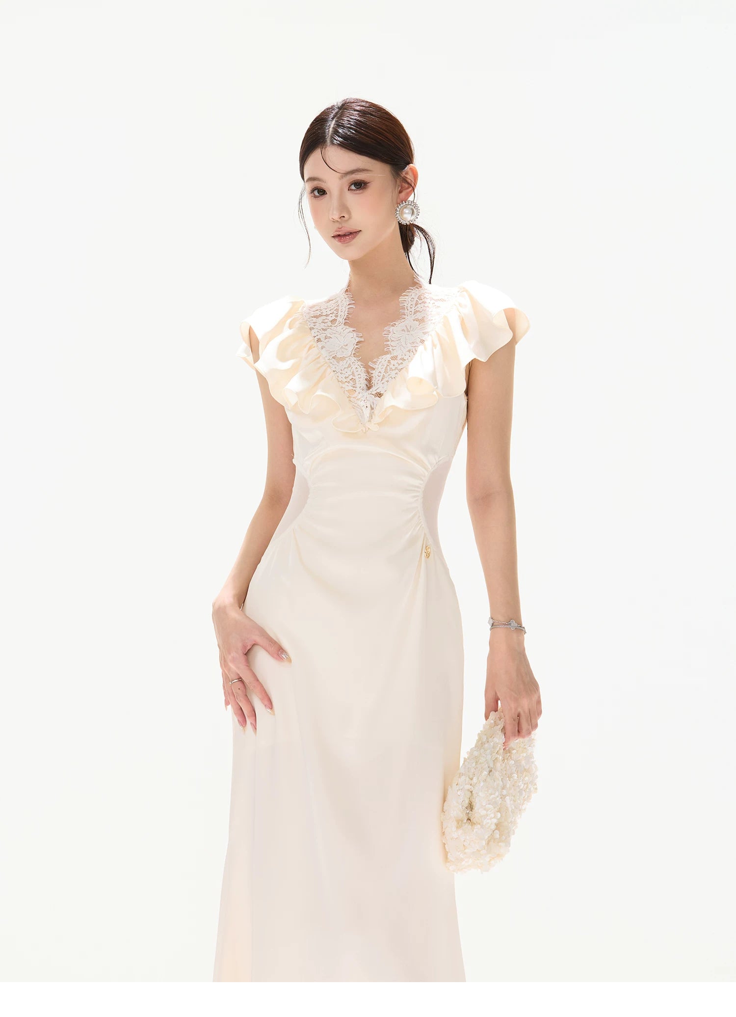 Lace V-Neck Ruffled Waist-Detail Midi Dress