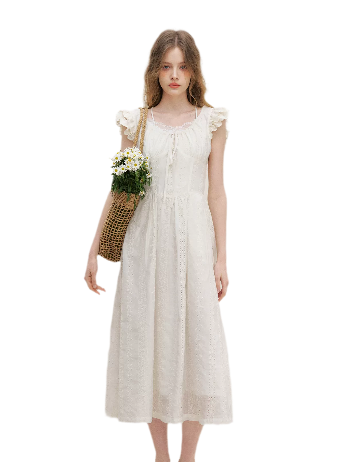 Embroidered Flutter Sleeve Dress